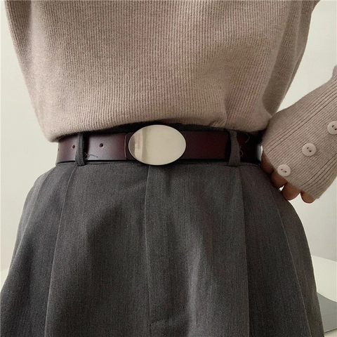 Cintura da Donna Minimalista Vintage in Vera Pelle Bovina Con Fibbia Ovale in Lega Texture Opaca Sottile Per Jeans Abiti