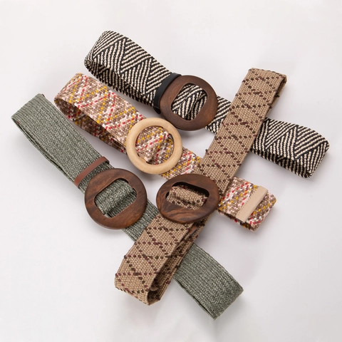 Damen Bohemian PP Strohgeflochtener Gürtel Vintage Ethno Stil Runde Ovale Holzschnalle Elastisch Ohne Loch Breiter Taillengürtel