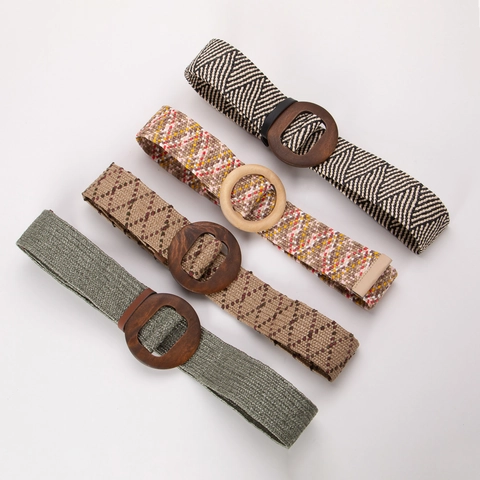 Damen Bohemian PP Strohgeflochtener Gürtel Vintage Ethno Stil Runde Ovale Holzschnalle Elastisch Ohne Loch Breiter Taillengürtel