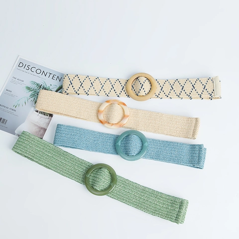 Dames Boheems Elastisch PP Stroverweven Breed Riem Met Ronde Hars Gesp Voor Jurken Vakantie Strand Accessoires