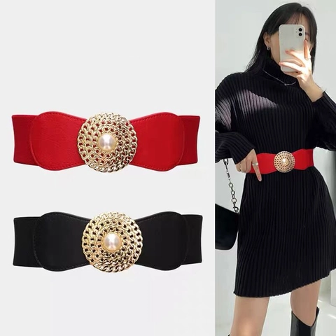Women Retro Elastic Corset Belt Round Gold Alloy Buckle Artificial Pearl Decor Broad PU Leather Waistband For Dresses Suits