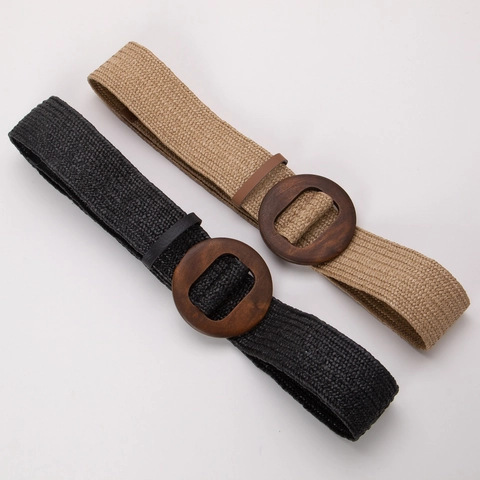Bohemian Women PP Straw Woven Elastic Belt with Round Wood Buckle Vintage Fashion Waistband for Summer Beach Dress