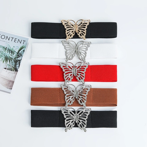 Women Butterfly Hollow Buckle Corset Belt High Elastic Wide Waistband For Dresses Shirts Faux Leather Decorative Cinch Belt