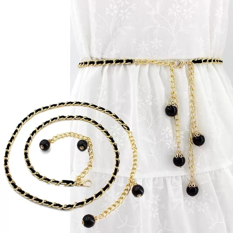 Elegant Women Chain Belt Alloy Metal Interwoven Synthetic Leather Adjustable Hook Waist Accessory With Bead Charms