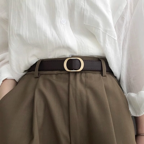 Women Minimalist Synthetic Leather Belt With Golden Oval Alloy Buckle Vintage Holeless Solid Color Skinny Waist Belt