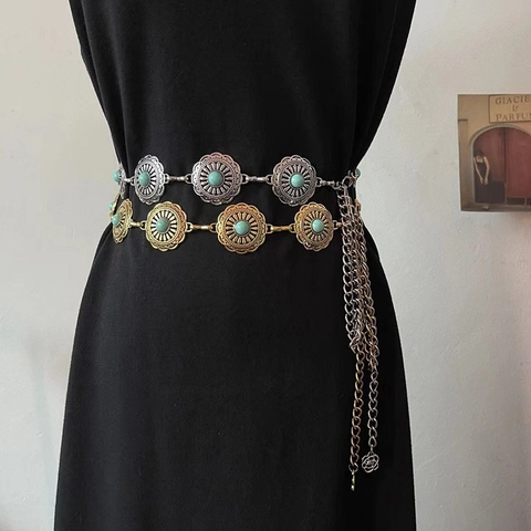 Bohemian Vintage Turquoise Inlaid Metal Waist Chain For Women Adjustable Ethnic Hollow Flower Sun Flower Pendant Belly Chain Belt