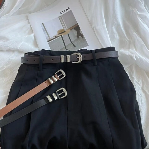 Vintage Faux Leather Thin Belt For Women Silver Metal Buckle Retro Minimalist Waist Strap For Jeans Ladies Accessory