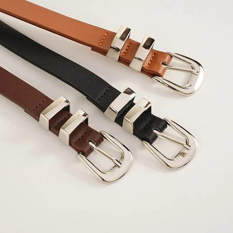 Vintage Faux Leather Thin Belt For Women Silver Metal Buckle Retro Minimalist Waist Strap For Jeans Ladies Accessory