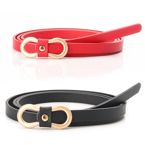 Women's Skinny PU Leather Belt Gold Alloy 8-Shaped Buckle Decorative Narrow Knot Waist Belt For Dresses Small Fashion Belt