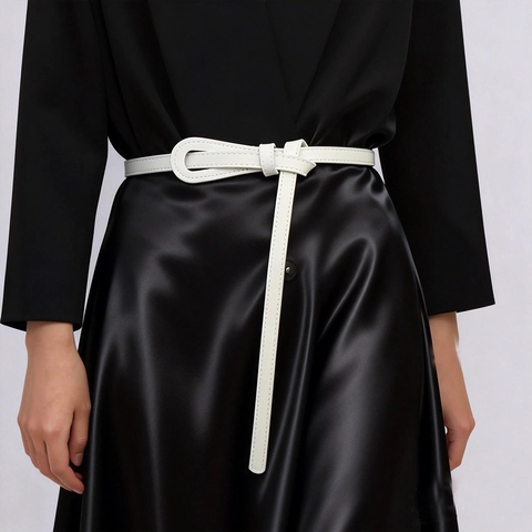 Women Skinny PU Leather Belt Solid Color Knot Tie Decorative Waist Belt For Dress Suit Coat Casual Versatile Fashion Waistband