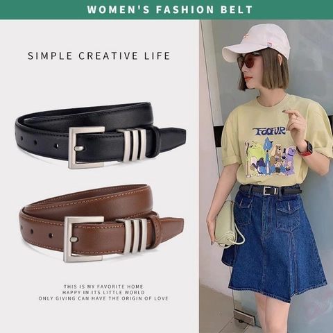 Women's Thin Genuine Leather Belt Split Cowhide Fashion Waist Strap With Alloy Pin Buckle And Three Metal Rings For Dress Jeans