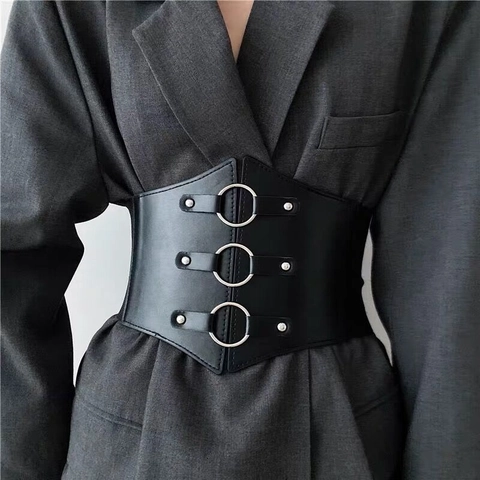 Damen Breiter Korsettgürtel Kunstleder Elastisches Taillenband Mit Drei Metallringen Punk Gothic Fashion Gürtel Für Kleider