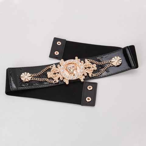 Cintura a Corsetto Elastica Larga da Donna Barocca Con Rilievo Testa di Medusa Leone Perla Artificiale Catena d'Oro Vintage