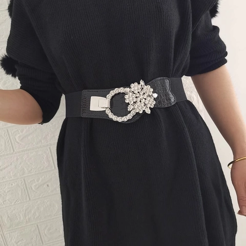 Ceinture Corset Élastique Noire Élégante pour Femme Boucle Fleur en Strass Similicuir Crocodile pour Robe