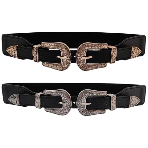 Cinturón Elástico de Cintura con Hebilla Doble Tallada Vintage Occidental para Mujer Cinturón Corsé de Cuero Sintético para Vestidos Abrigos