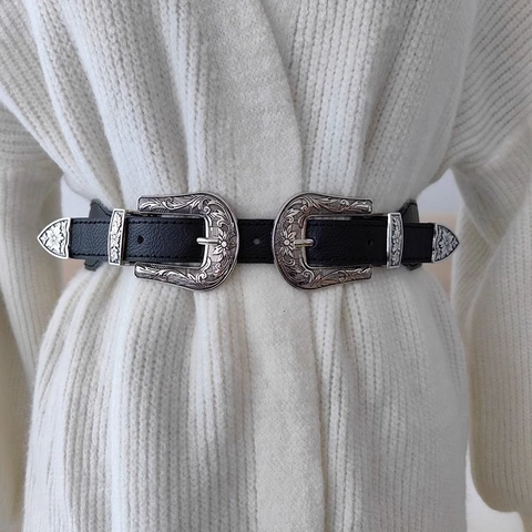 Cinturón Elástico de Cintura con Hebilla Doble Tallada Vintage Occidental para Mujer Cinturón Corsé de Cuero Sintético para Vestidos Abrigos