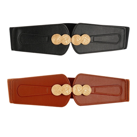 Vintage Damen Breiter Elastischer Korsettgürtel Mit Goldener Münzschnalle PU Leder Taillenband Für Kleid Mantel Mode Accessoire