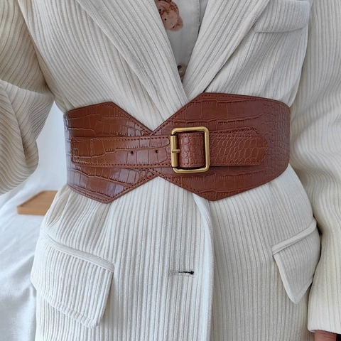 Cinturón de Corsé Retro para Mujer con Patrón de Cocodrilo Cintura Elástica Ancha de Cuero PU con Hebilla Cuadrada de Aleación para Vestidos Abrigos Accesorios de Moda