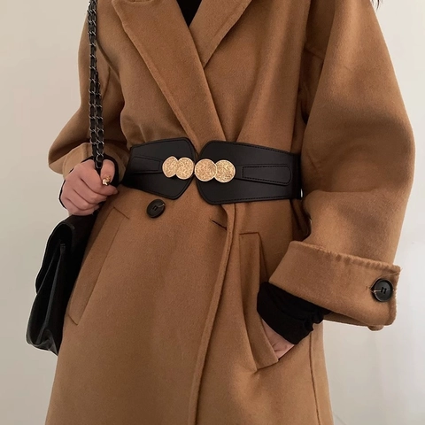 Vintage Damen Breiter Elastischer Korsettgürtel Mit Goldener Münzschnalle PU Leder Taillenband Für Kleid Mantel Mode Accessoire