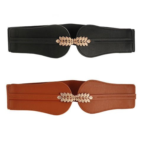 Cintura a Corsetto Larga Elastica con Fibbia a Foglia Vintage da Donna Fascia Elastica in Pelle Artificiale per Vestiti
