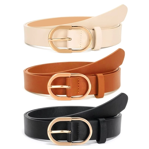 Cinturón de Cuero PU Minimalista de Moda para Mujer Color Sólido Casual con Hebilla de Aleación de Pasador Ovalada Dorada