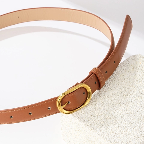 Vintage Women PU Leather Belt Gold Oval Pin Buckle Versatile Fashion Waist Strap For Dresses Jeans Minimalist Accessory