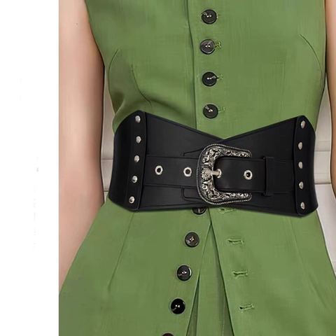 Women Vintage Wide Corset Belt Elastic Waist Cinch Belt With Carved Alloy Buckle Rivets PU Leather Waistband For Dresses