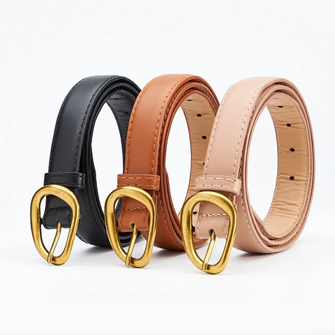 Women's Retro Minimalist PU Leather Belt With Gold Irregular Oval Alloy Pin Buckle Versatile Fashion Dress Waist Strap For Jeans