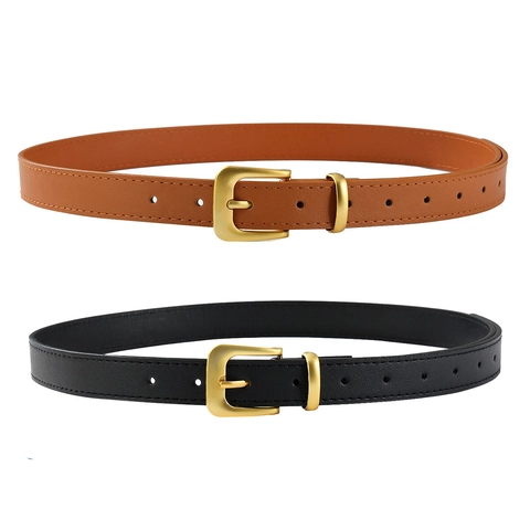 Women Minimalist PU Leather Belt With Gold Pin Buckle Vintage Fashion Waist Belt For Jeans Dresses Adjustable Strap