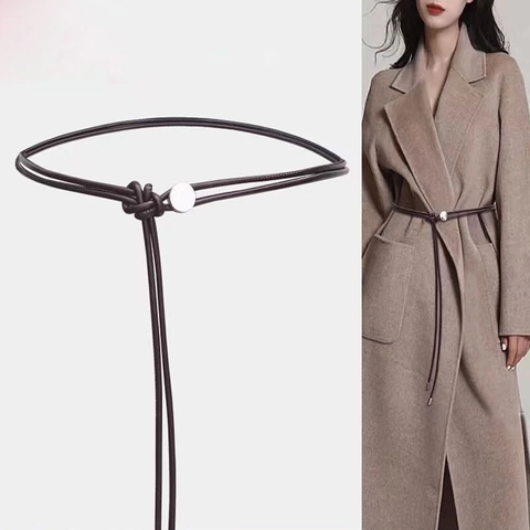 Minimalist Women Skinny PU Leather Rope Belt With Alloy Round Buckle Knotted Decorative Waistband For Dresses Coats Adjustable