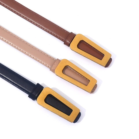 Women Slim Faux Leather Belt Vintage Geometric Hollow Gold Metal Buckle Solid Color Thin Waist Strap For Dresses Jeans