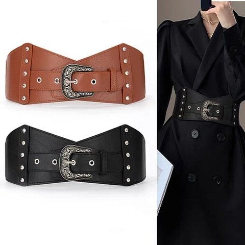 Women Vintage Wide Corset Belt Elastic Waist Cinch Belt With Carved Alloy Buckle Rivets PU Leather Waistband For Dresses