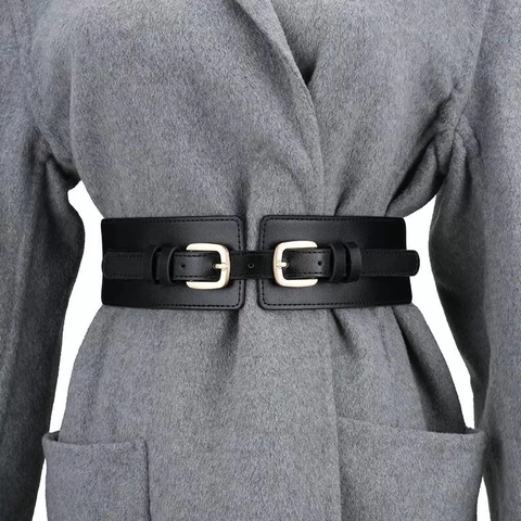 Damen Breiter Elastischer Taillengürtel Kunstleder Doppel Metall Schnalle Dehnbares Taillenband Dekorativer Gürtel Für Kleid Mantel