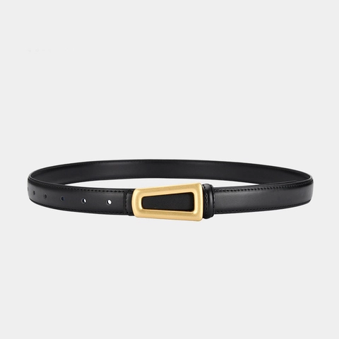 Women Slim Faux Leather Belt Vintage Geometric Hollow Gold Metal Buckle Solid Color Thin Waist Strap For Dresses Jeans