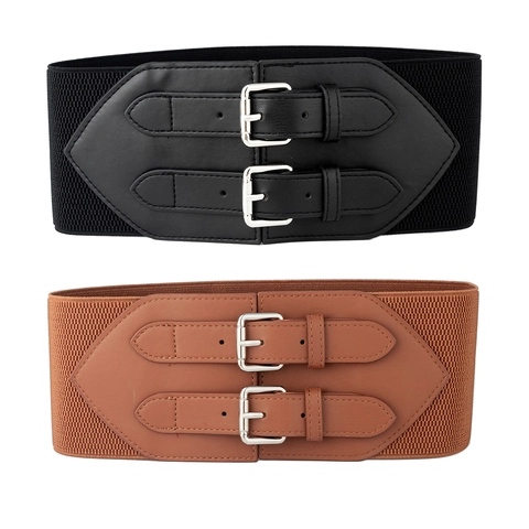 Damen Breiter Elastischer Korsettgürtel Mit Doppelschnalle PU Leder Taille Dichtung Für Kleider Mäntel Mode Accessoires