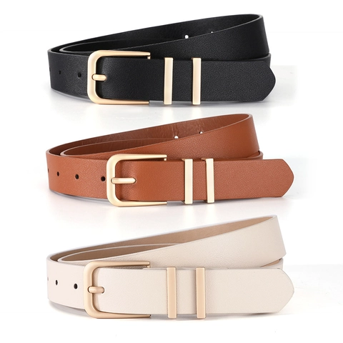 Women's Minimalist Faux Leather Belt With Gold Metal Pin Buckle Elegant Thin Dress Jeans Waist Strap Solid Color Accessory