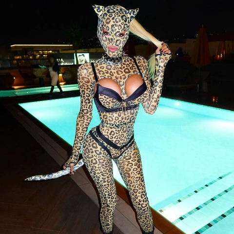 Sexy Estampado Leopardo Body Suit Máscara Orejas Gato Cola Hueco Arnés Cosplay Fiesta Clubwear Disfraz Halloween