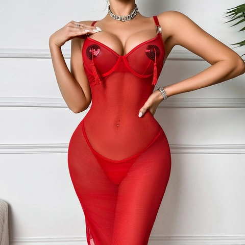 Donna Sexy Rosso Lingerie Camicia da Notte E Perizoma Con Ferretto Rete Cuore Paillettes Nappa Trasparente Sleepwear San Valentino