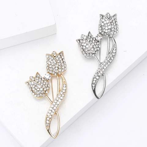 Elegante Tulp Bloem Broche Voor Vrouwen Luxe Legering Strass Ingelegde Florale Corsage Speld Voor Jurk Accessoires Bruiloft Feest Sieraden