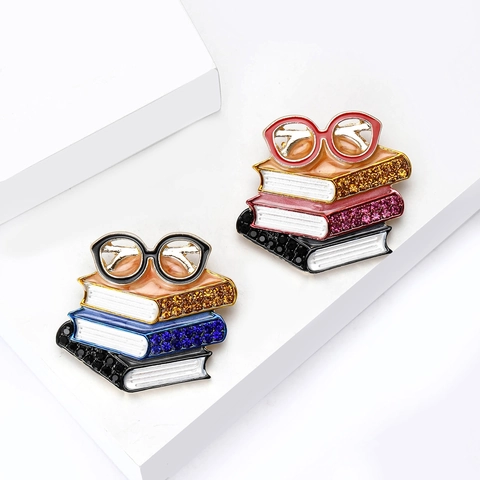 Creative Book Stack And Glasses Brooch Pin Enamel Alloy Rhinestone Preppy Literary Style For Women Clothing Jewelry Gift