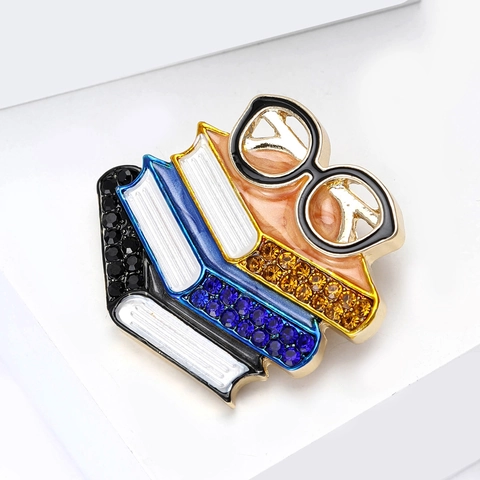 Creative Book Stack And Glasses Brooch Pin Enamel Alloy Rhinestone Preppy Literary Style For Women Clothing Jewelry Gift