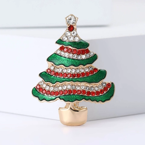 Broche de Árbol de Navidad de Moda Esmalte Verde Aleación Diamantes de Imitación para Mujer Joyas de Regalo Navideño