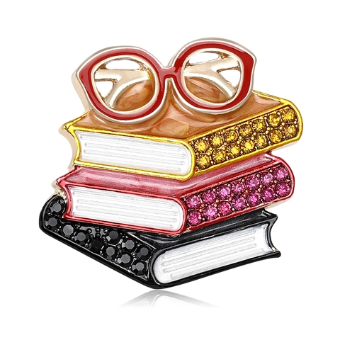 Alloy Enamel Rhinestone Brooch Pin Stacked Books And Glasses Design Vintage Creative Clothing Accessory For Women Men Gift
