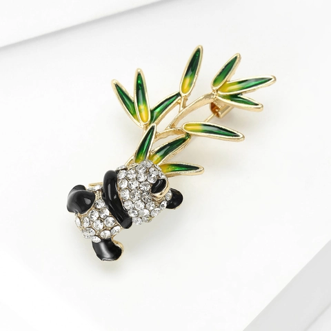 Broche de Aleación de Oro Estilo Oriental Panda y Bambú Con Diamantes de Imitación Blancos Alfiler de Solapa de Animal para Mujer Hombre