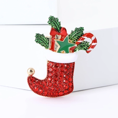 Broche Chaussette de Noël avec Strass et Émail pour Hommes Femmes Alliage Festif Sucre d'Orge Bijoux Cadeau de Vacances