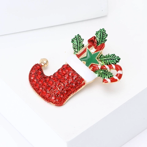 Kerstsok Broche Legering Strass Emaille Feestelijke Laars Sieraden Voor Dames Vakantie Kleding Accessoires Glinsterend Cadeau