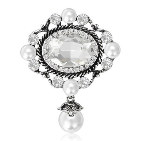 Broche Estilo Barroco Vintage para Mujer Lujo Aleación Strass Vidrio Gema Perla Artificial Colgante Pin para Traje de Boda Vestido