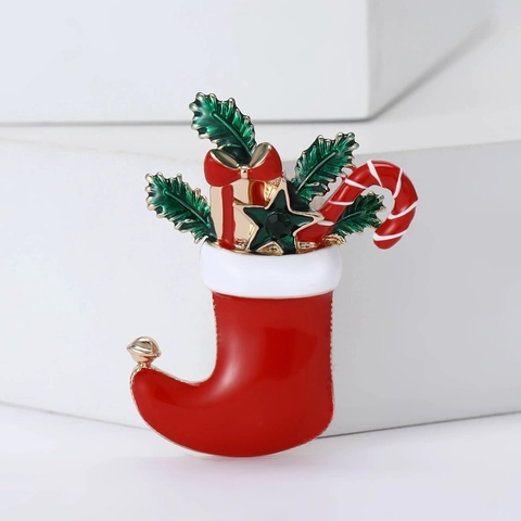 Enamel Christmas Stocking Brooch Pin For Women Alloy Rhinestone Xmas Sock Lapel Pins Holiday Gift Jewelry Accessories