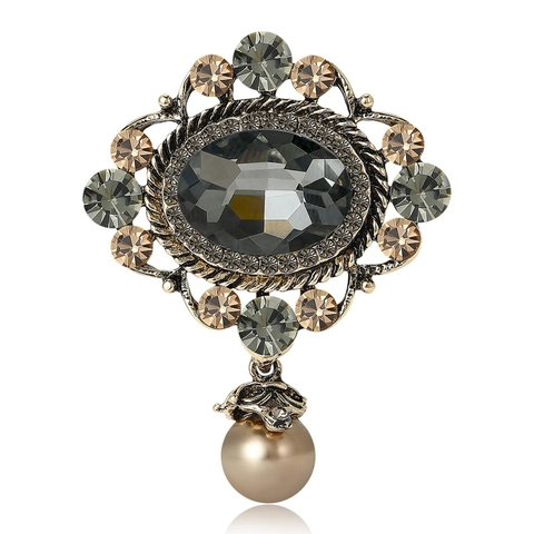 Broche Estilo Barroco Vintage para Mujer Lujo Aleación Strass Vidrio Gema Perla Artificial Colgante Pin para Traje de Boda Vestido