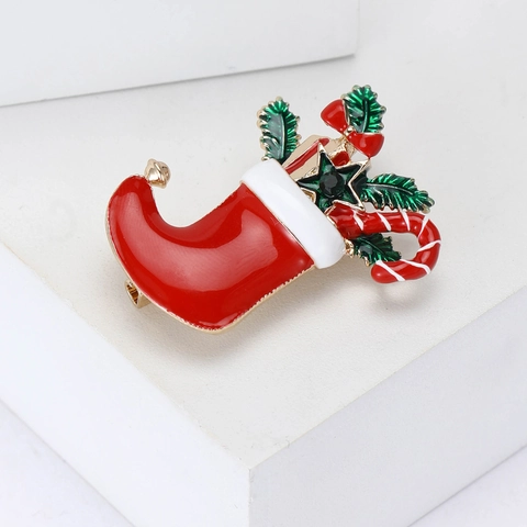 Alloy Enamel Christmas Stocking Brooch Rhinestone Candy Cane Holly Leaf Festive Christmas Jewelry For Women Holiday Accessories